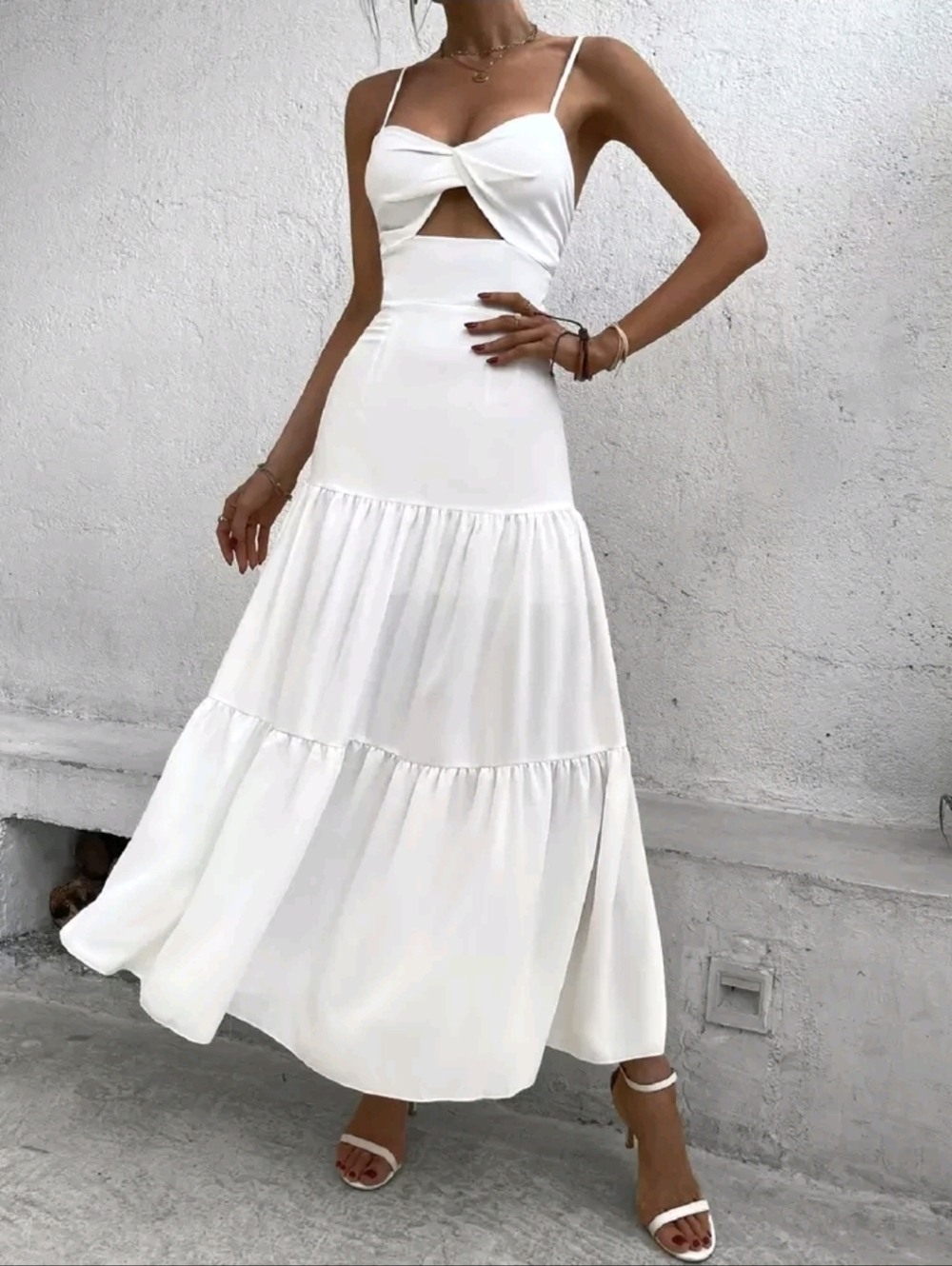 SHEIN Vacation Twist Front Cut Out White Ruffle Hem Maxi Cami Dress
